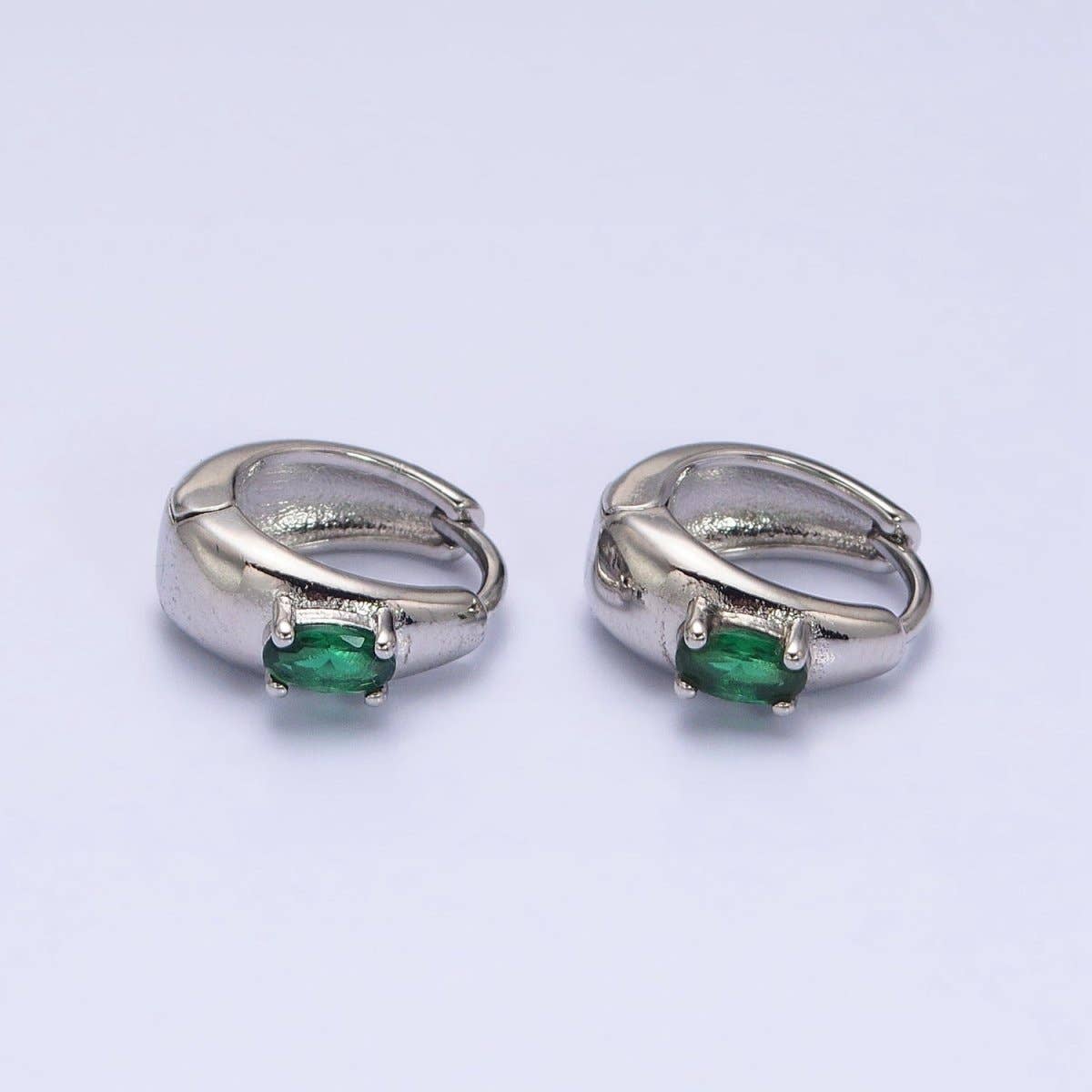 16K Gold Filled Emerald Green Oval CZ Dome 13mm Huggie Earrings in Silver & Gold | AB1501 AD1016