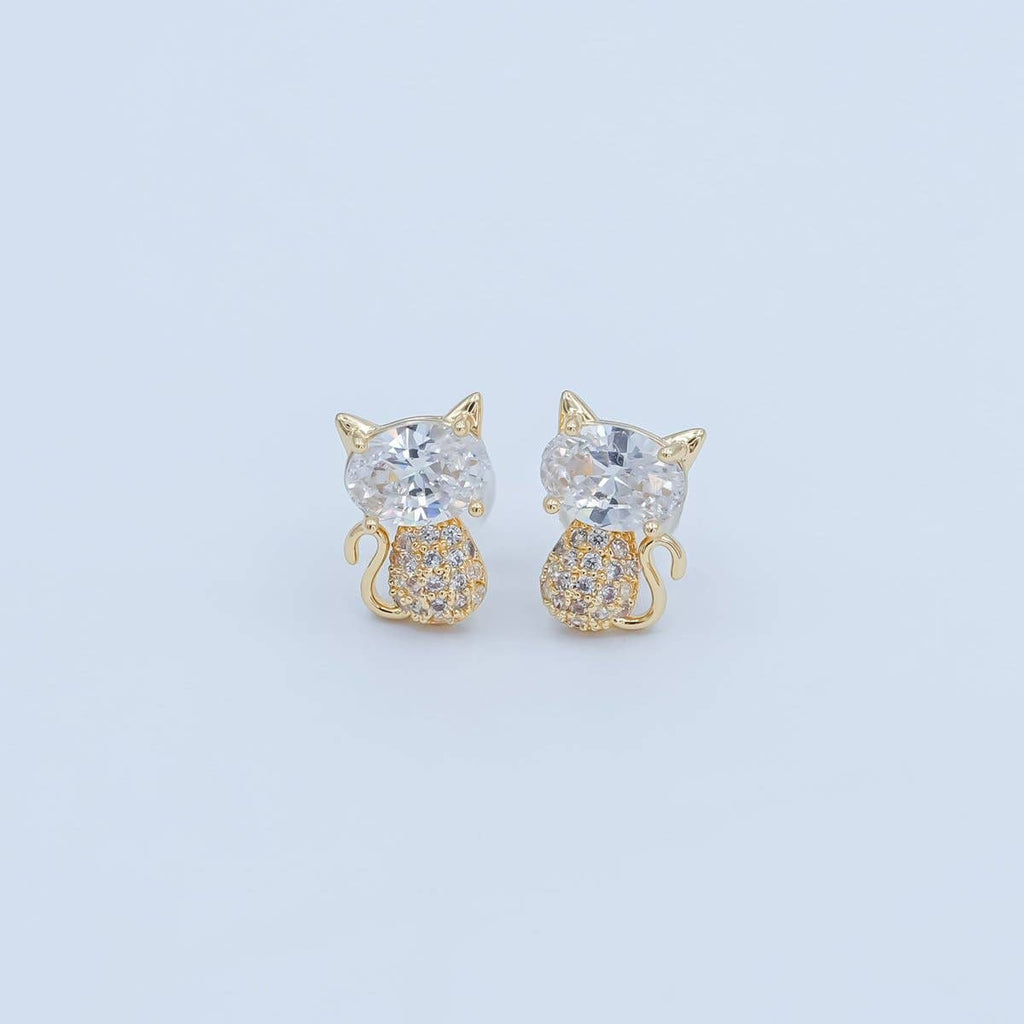 24K Gold Plated Micro Paved CZ Kitten Cat Stud Earrings Set in Gold & Silver | AB222 AB223