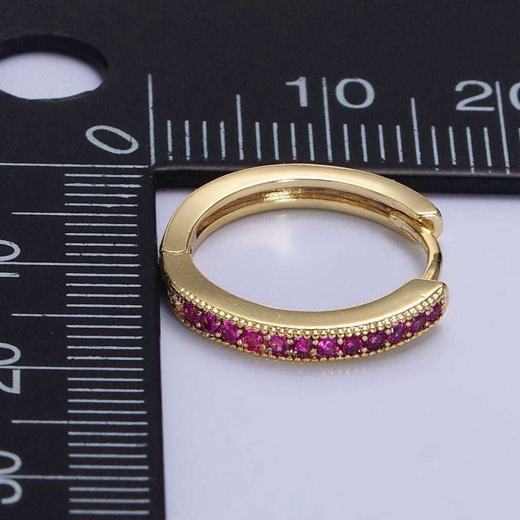 24K Gold Filled Green, Fuchsia, Black Micro Paved CZ Lined 16mm Huggie Earrings | AB297 AB298 AB299