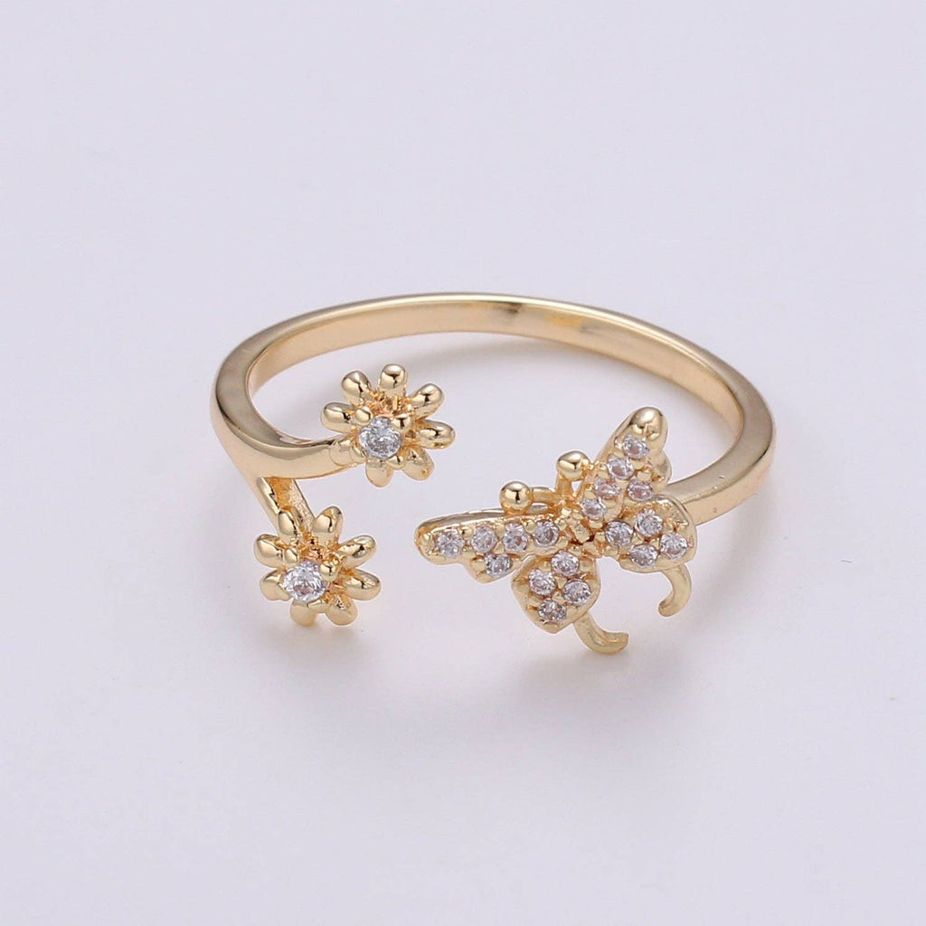 Dainty Elegant Butterfly and Flower 18K Gold Filled Adjustable Ring - R271