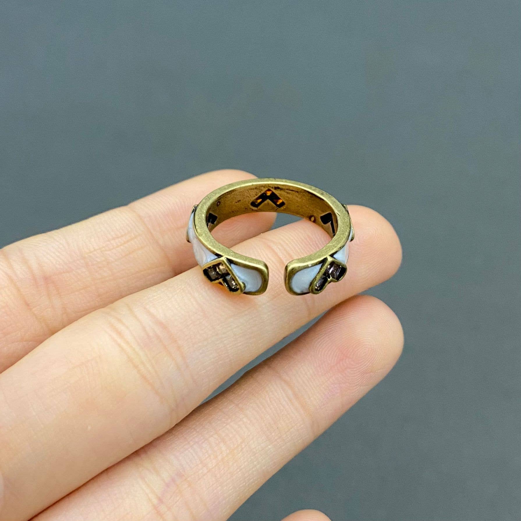 Vintage Multi Color Rhinestone Heart Enamel Bronze Ring