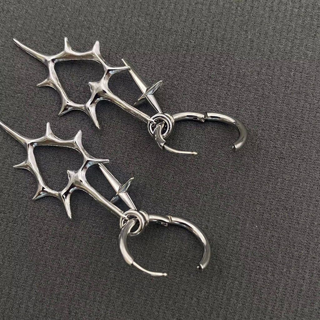 Gothic Silver Tone Thorns Hollow Heart Huggie Earrings - GT