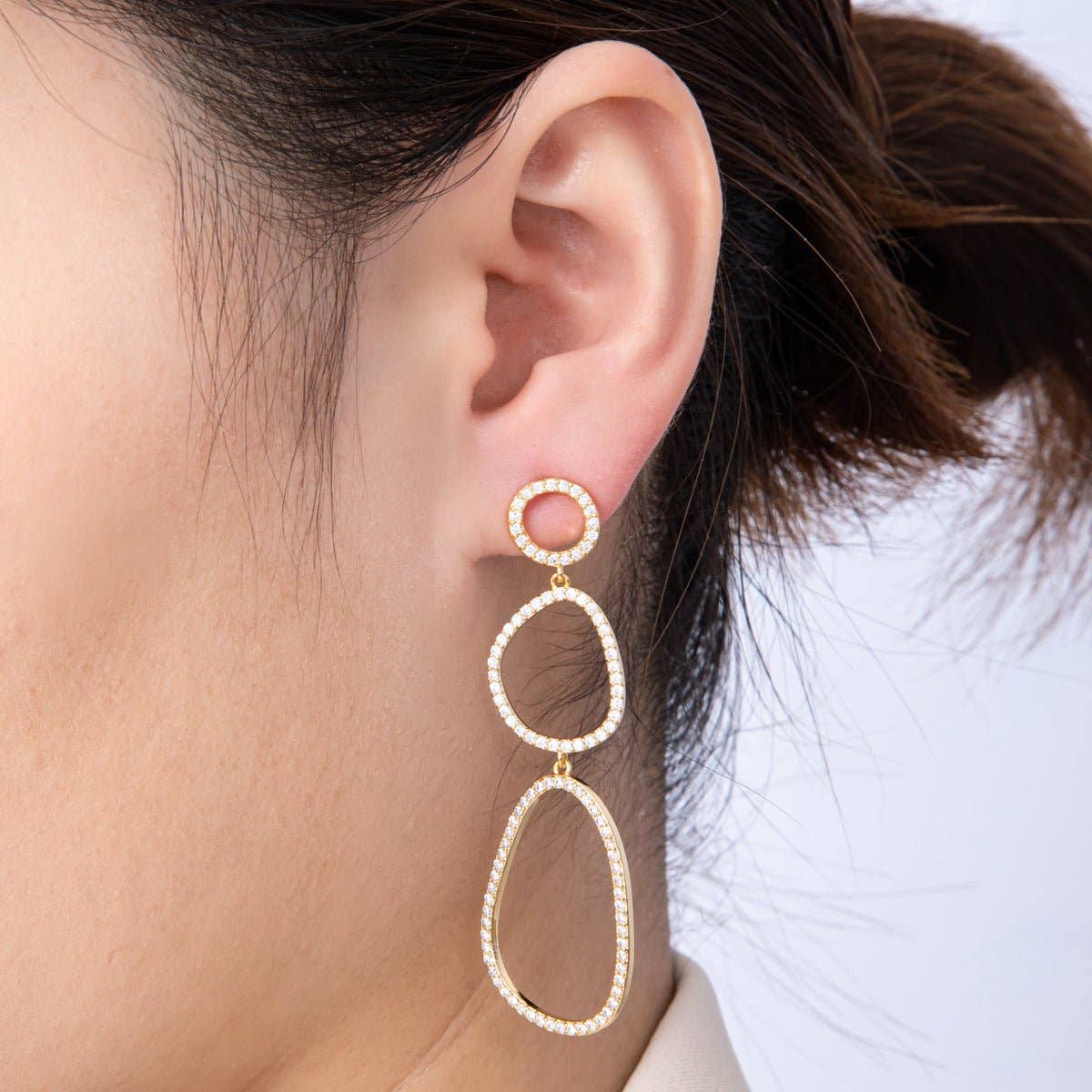 18K Gold Filled 66mm Micro Paved CZ Open Irregular Geometric Drop Studs | Earrings-00204