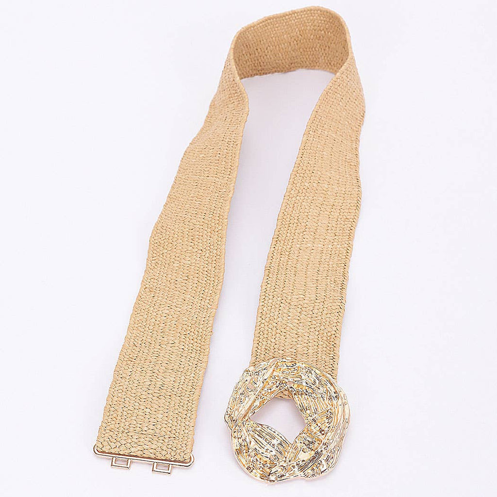 Metal Buckle Elastic Faux Straw Belt