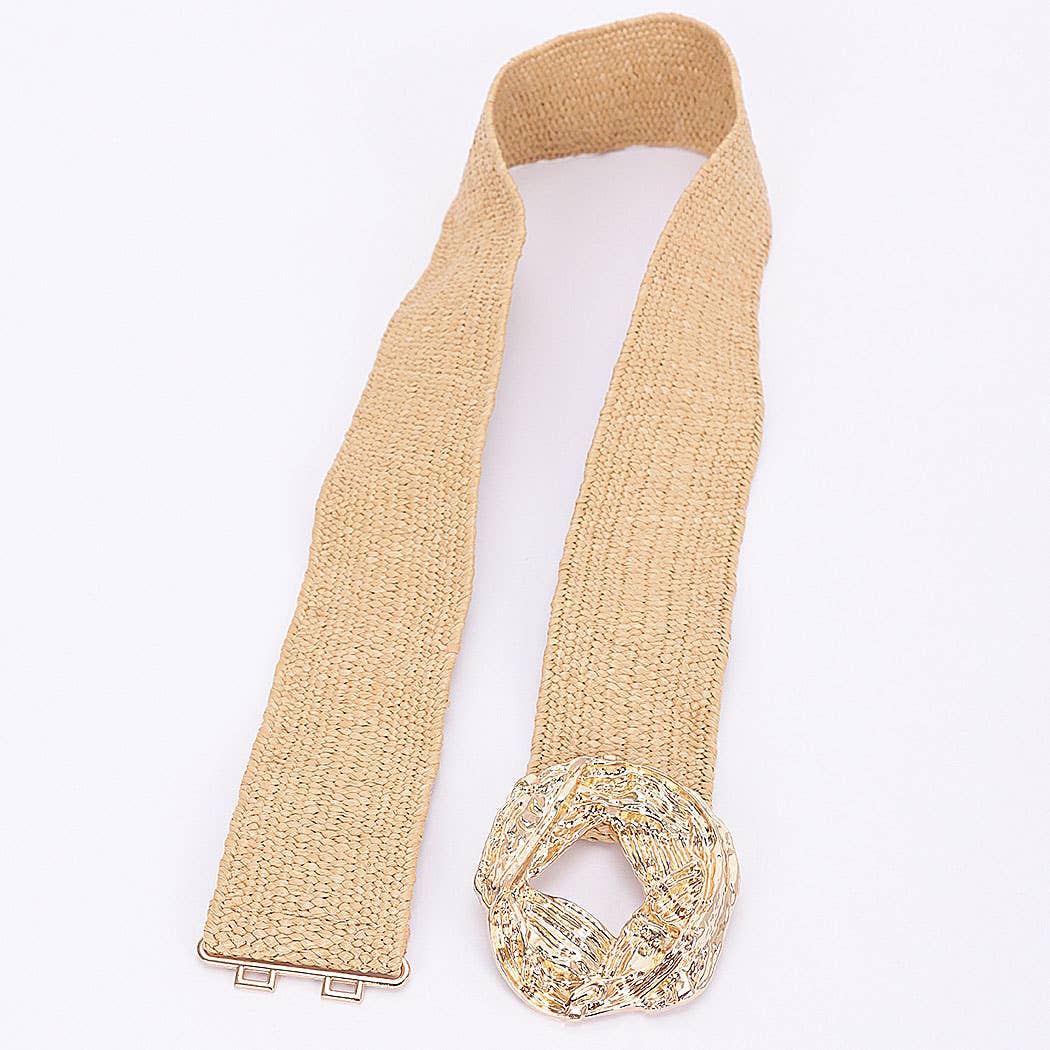 Metal Buckle Elastic Faux Straw Belt