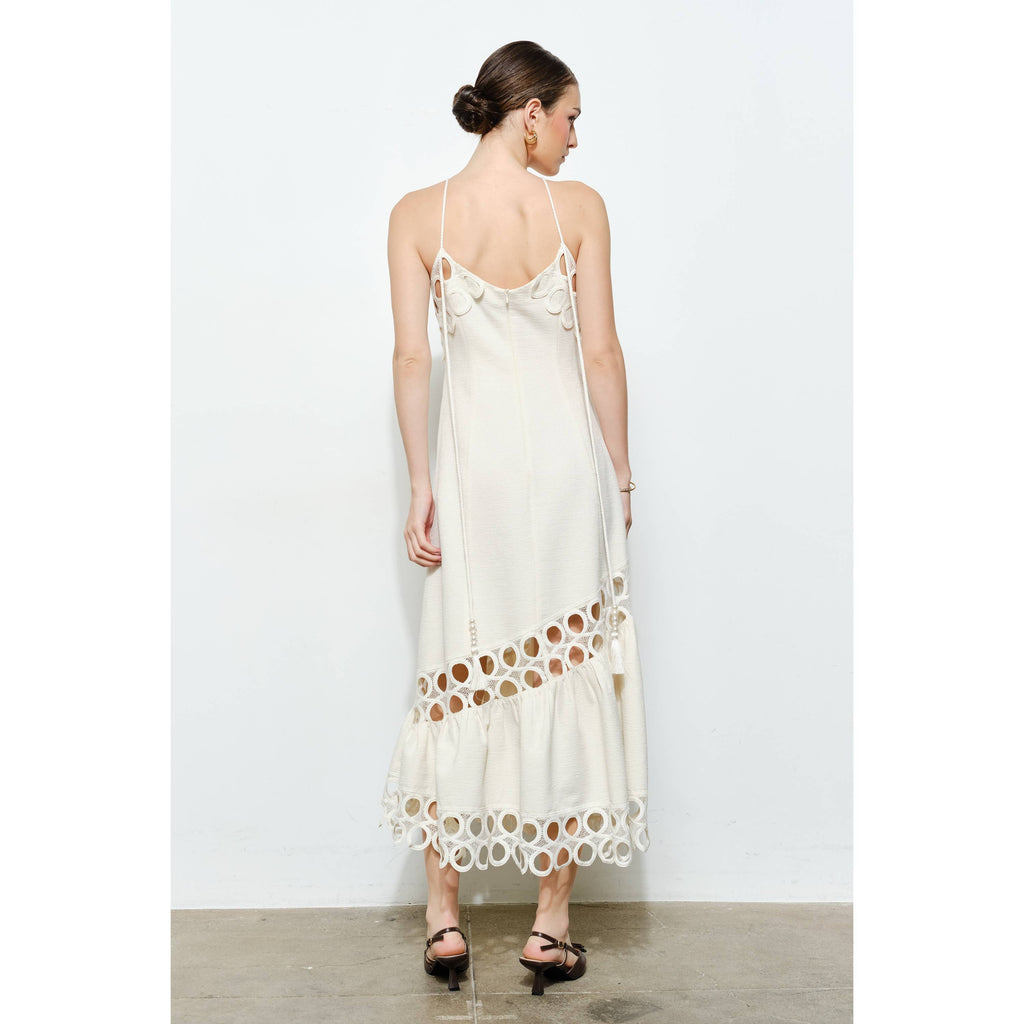 Chic Textured Lace Halter Tassel Draped Midi Dress