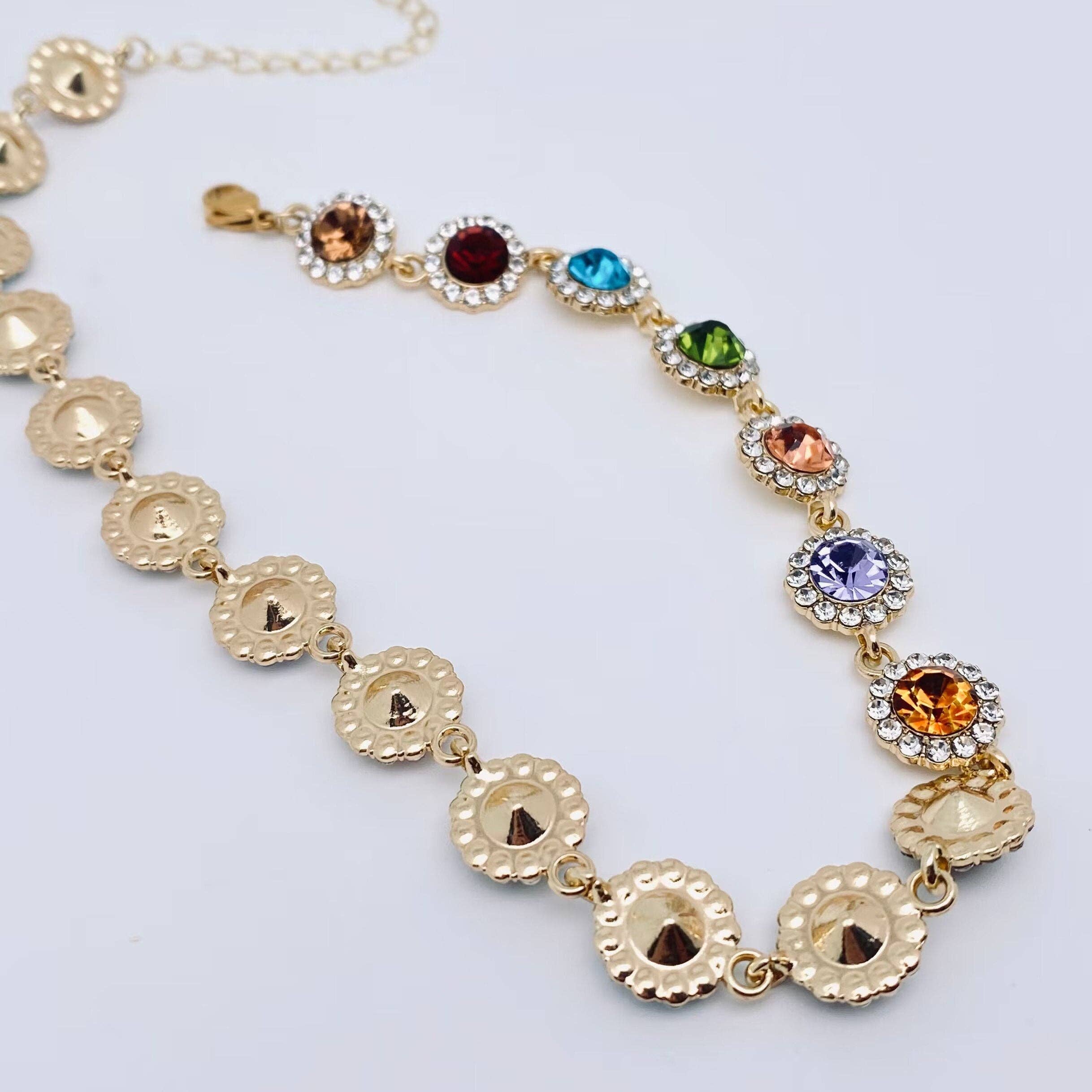 Colored Rhinestone Chain Choker Necklace