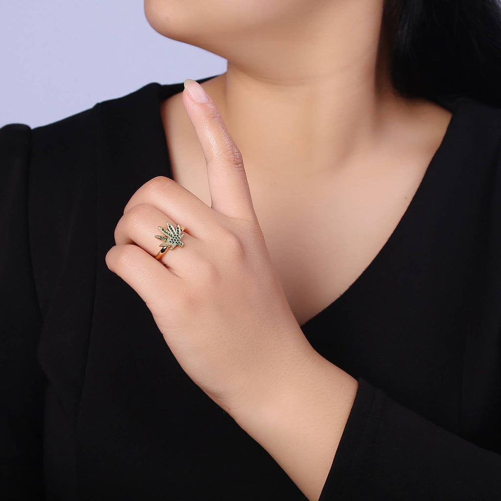 Green CZ Crystal Micro Pave Weed Gold Open Ring O2159