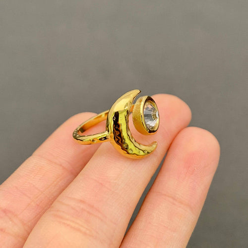 18K Gold Plated Stainless Steel Zircon Moon Ring - FGS/MS