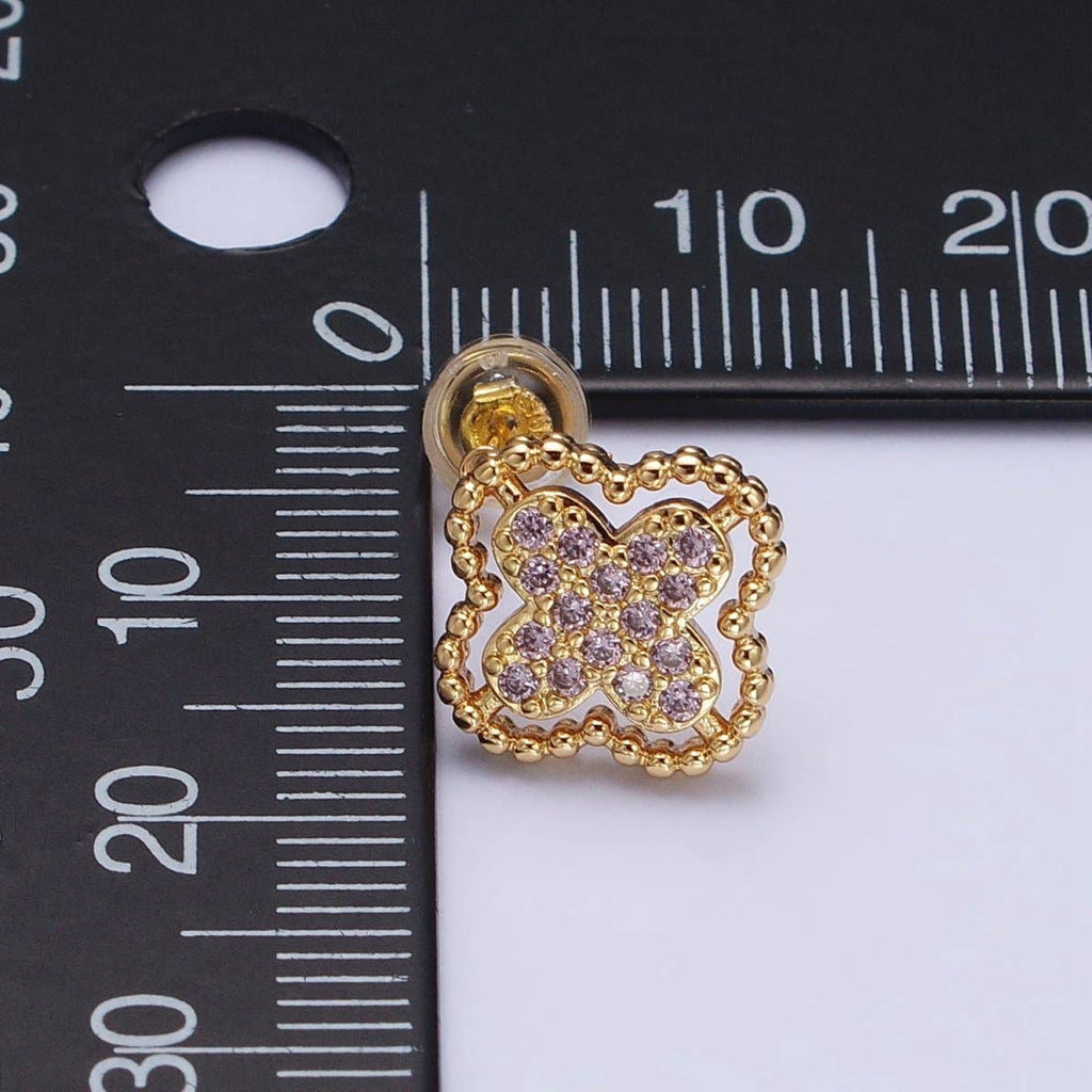 Green, Clear, Pink Micro Paved CZ Beaded Quatrefoil Clover Stud Earrings in Gold & Silver | AB404 - AB409