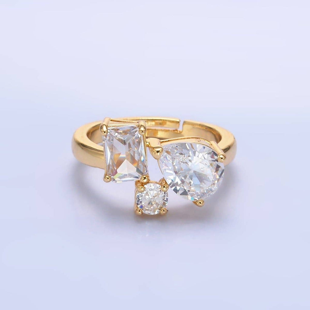 24K Gold Filled Clear CZ Baguette Teardrop Round Ring | O847