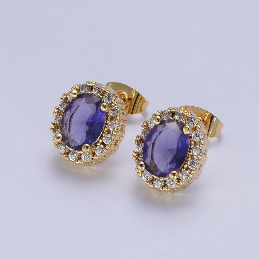 Micro Paved Clear Pink Purple Green Oval Gold Stud Earrings | AD-552~AD-555
