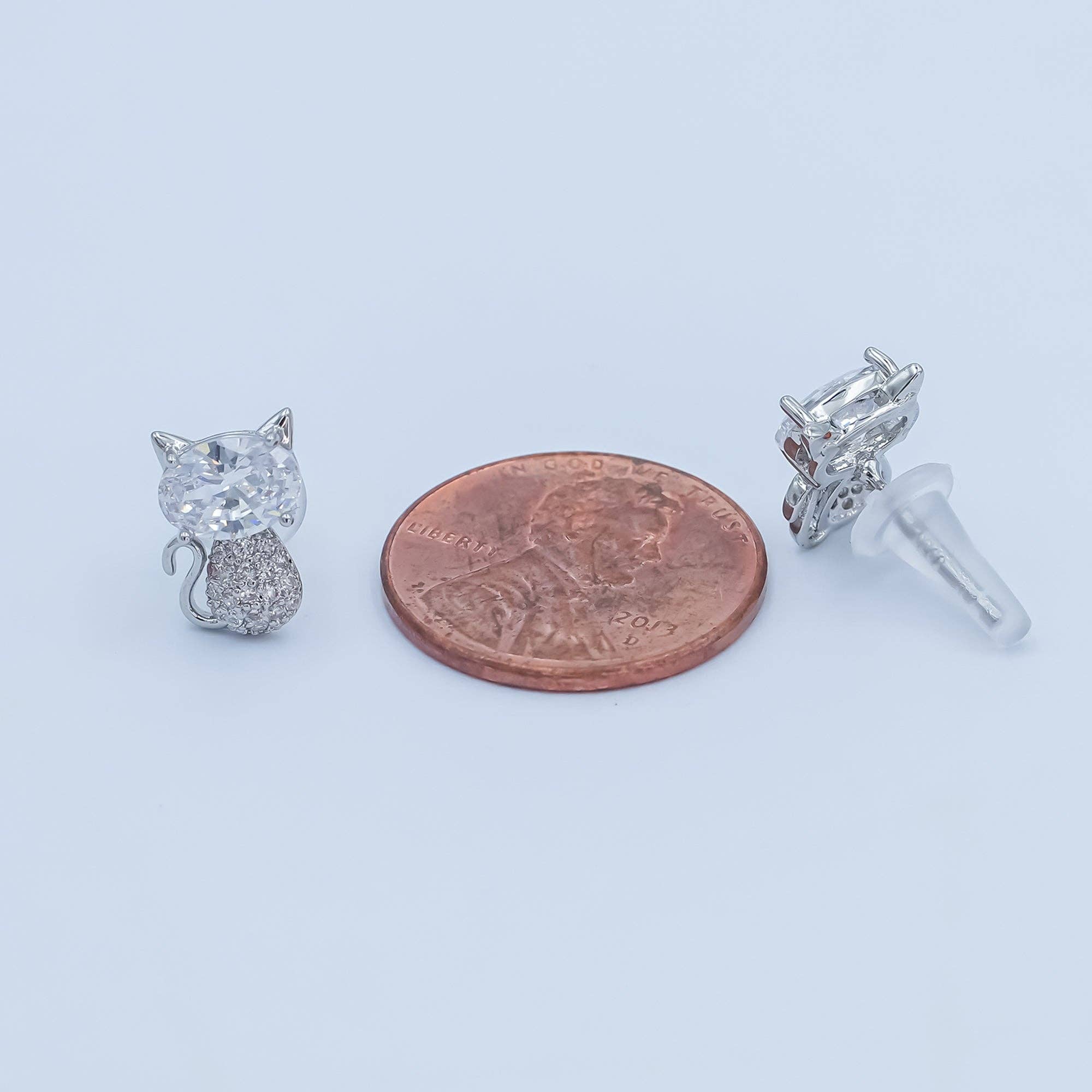 24K Gold Plated Micro Paved CZ Kitten Cat Stud Earrings Set in Gold & Silver | AB222 AB223