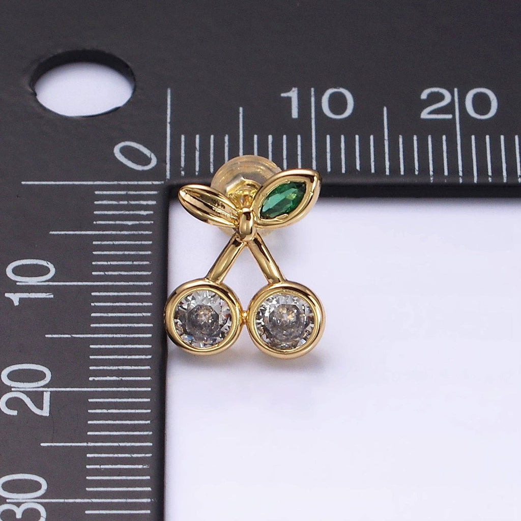 Gold Filled Clear CZ Cherry Fruit Green Leaf Stud Earrings