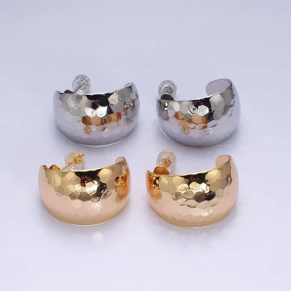 16K Gold Filled 25mm Round Multifaceted Wide Dome C-Shaped Hoop Earrings in Gold & Silver | AE023 AE024