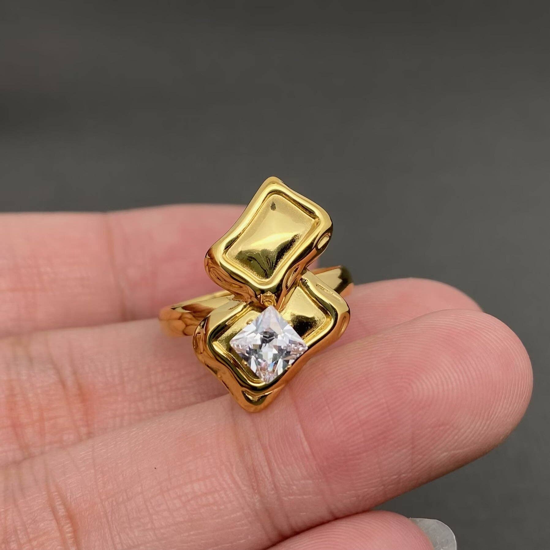 Zircon Inlaid Irregular Geometry 18K Gold Plated SS Ring - FGS