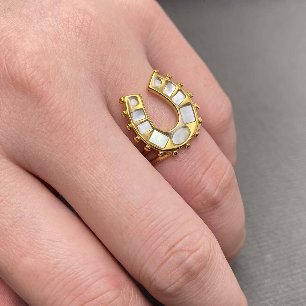 Shell Inlaid Horseshoe Shape 18K Golden S.Steel Ring - FGS