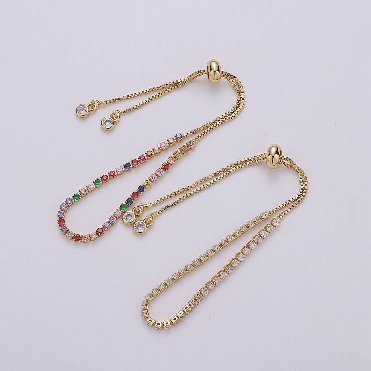 Micro Pave Adjustable Bracelet, Rainbow Clear CZ Cubic Bracelet Gold tennis bracelet in 14k Gold Filled Chain | K-546 K-547