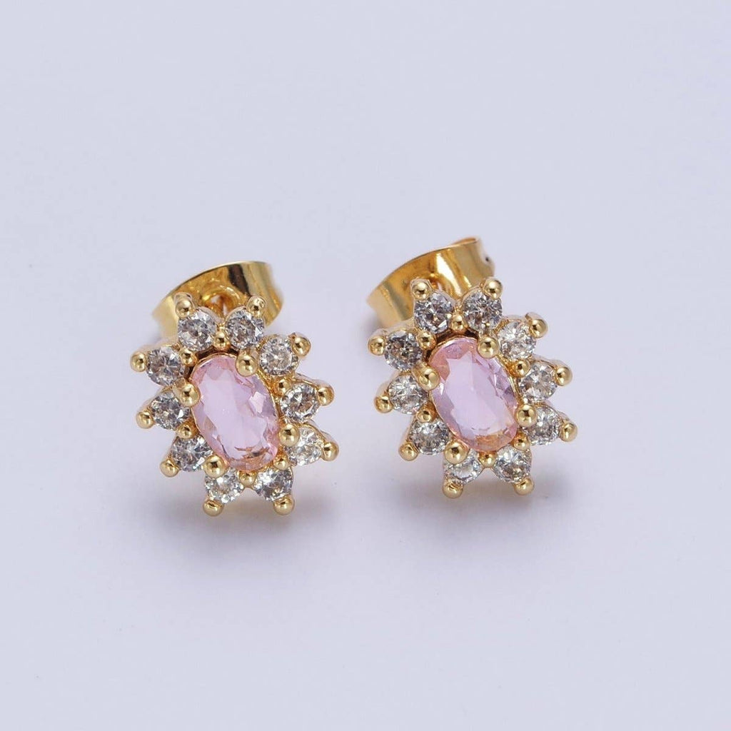 Pink & Clear Oval Cubic Zirconia Celestial Sun Burst Gold Stud Earrings | AD-580