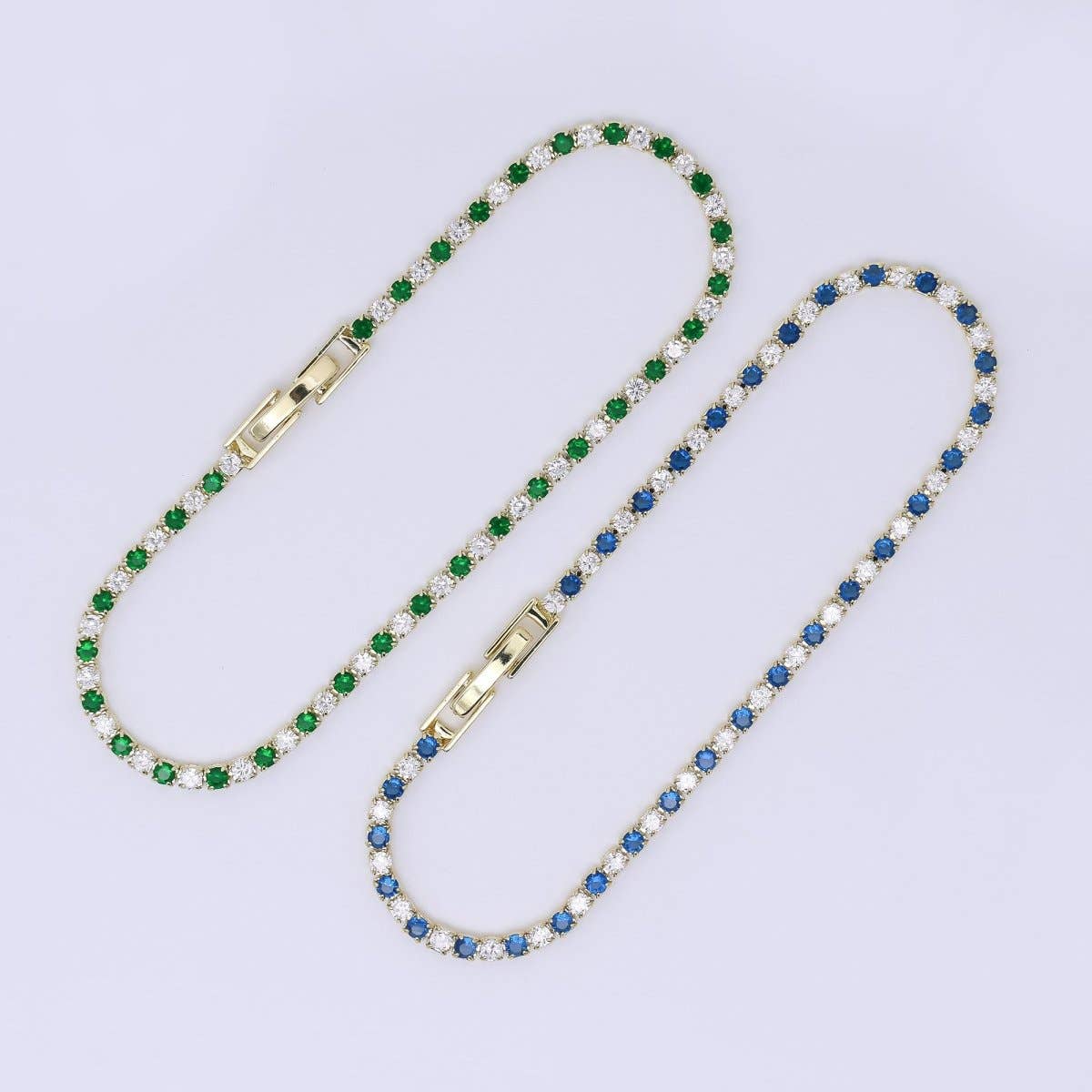 24K Gold Filled 2.2mm Green, Blue Round CZ Alternate 7 Inches Tennis Bracelet | WA-3819 - WA-3820