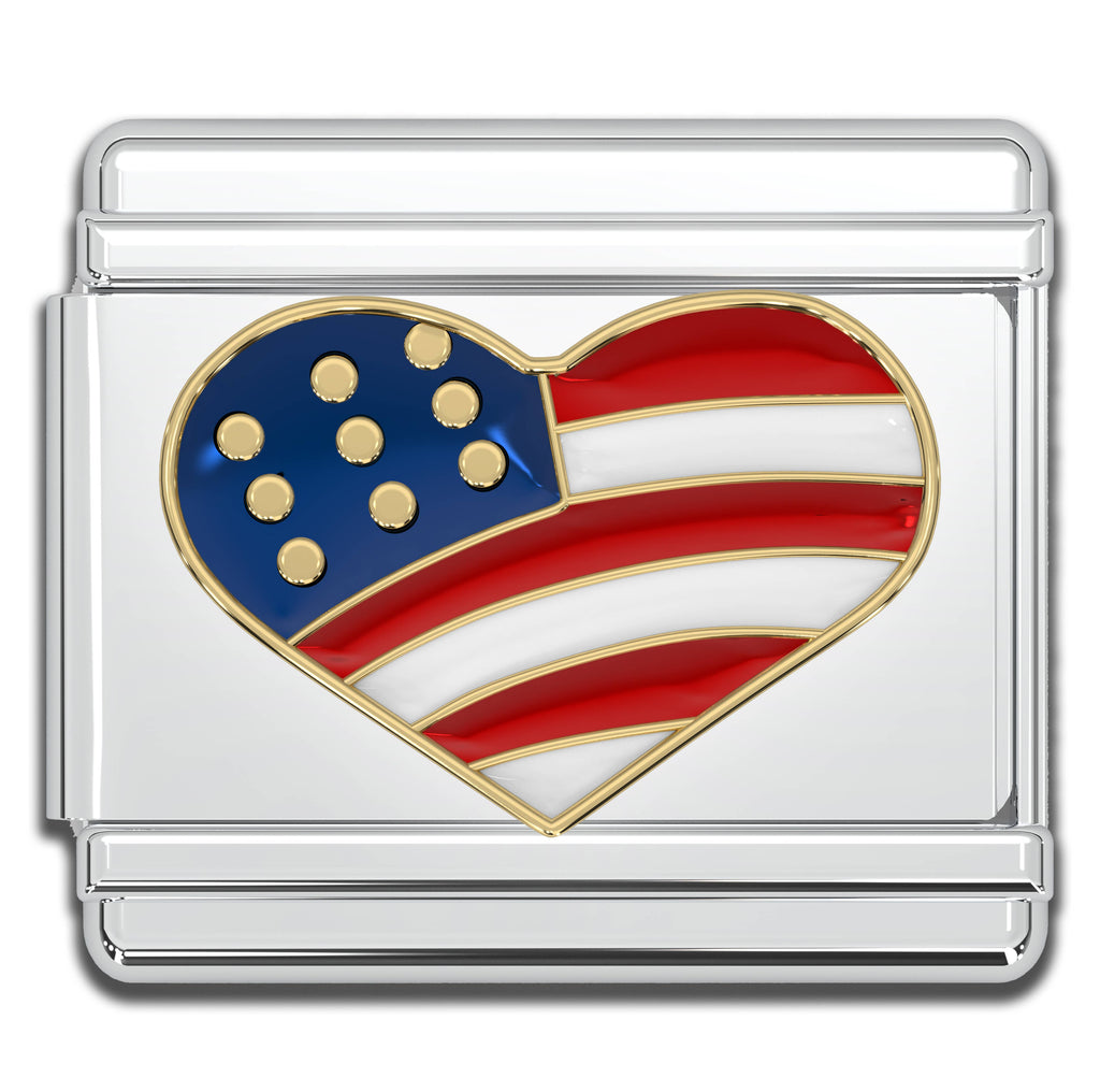 Italian Charms - USA Heart Flag, 9mm Enamel Bracelet Links