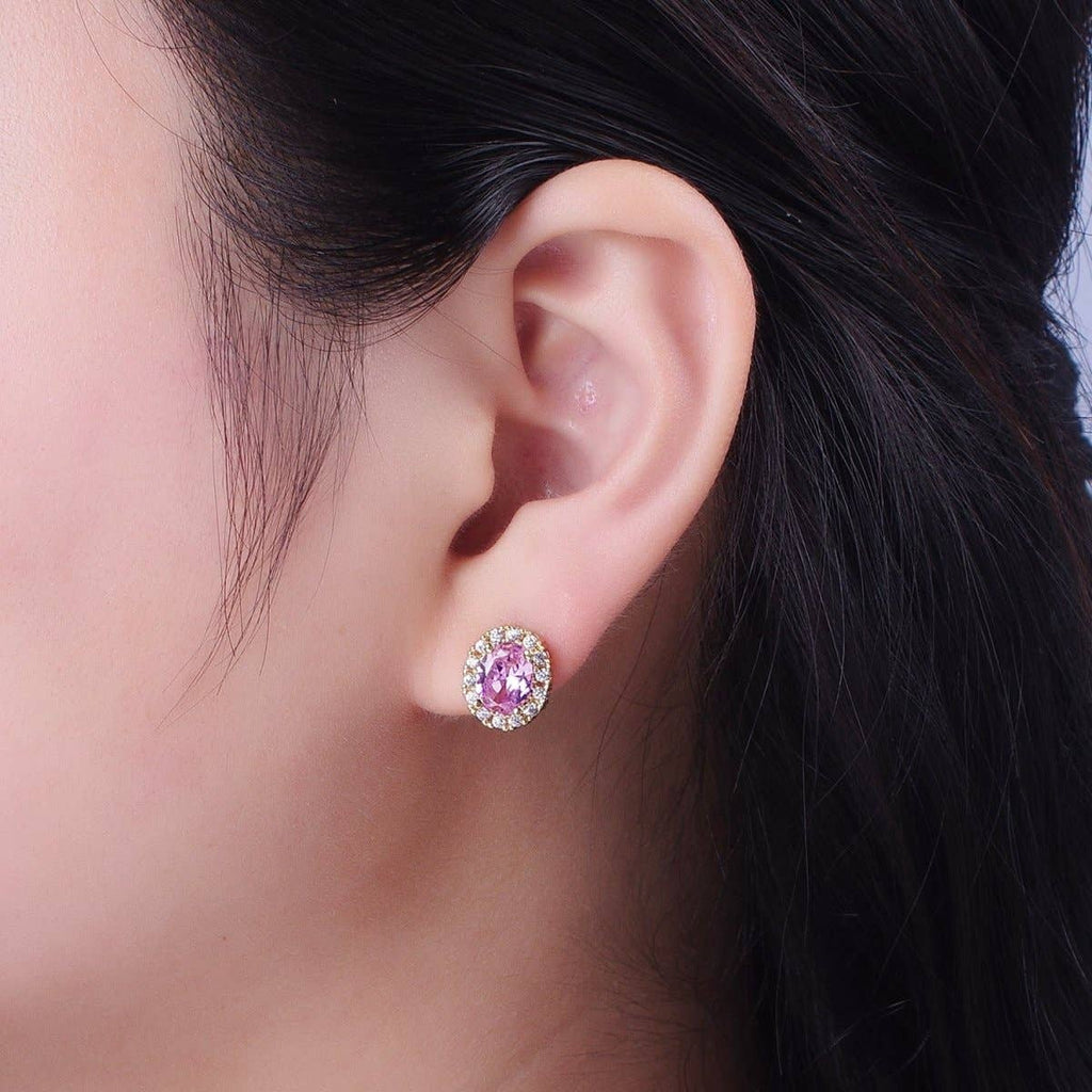 Micro Paved Clear Pink Purple Green Oval Gold Stud Earrings | AD-552~AD-555