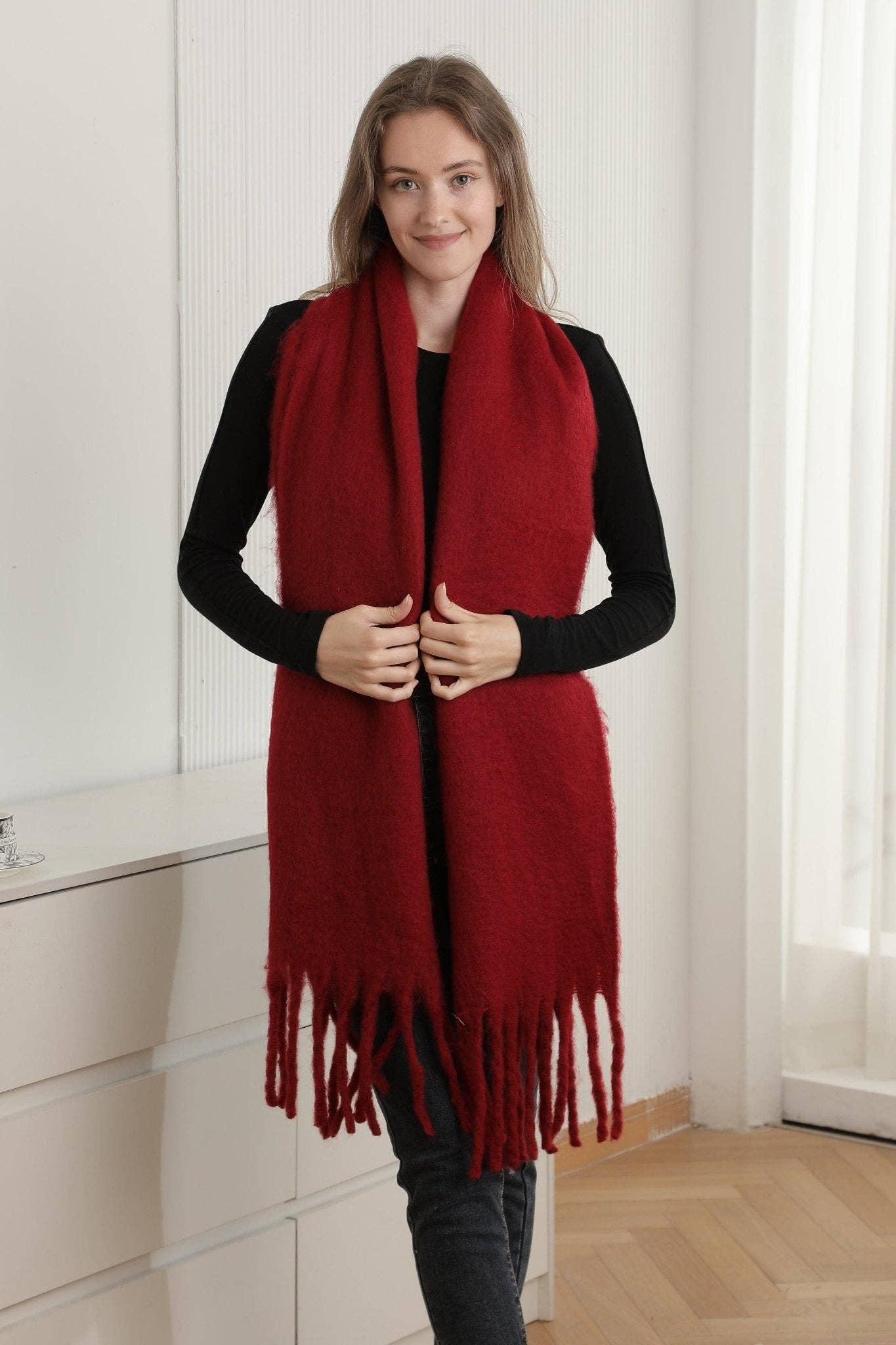 JS2416 Solid color Oblong Scarf with Fringe