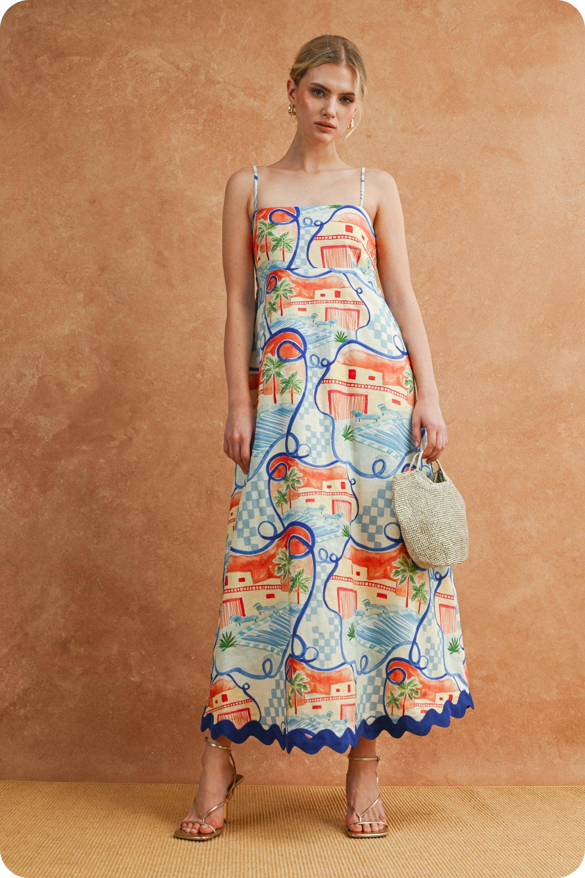 Riviera Dream Scalloped Sleeveless Midi Dress