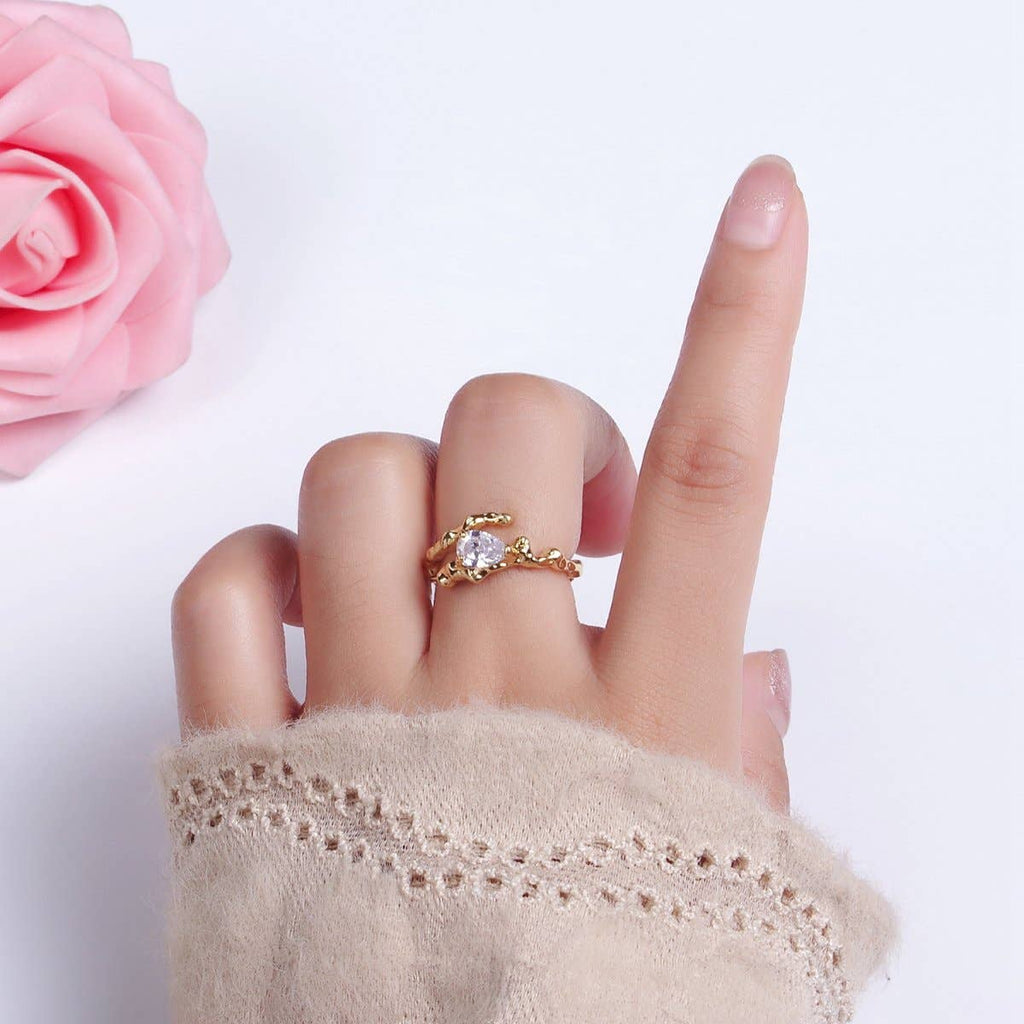 14K Gold Filled Clear CZ Teardrop Molten Drip Open Ring | O-603