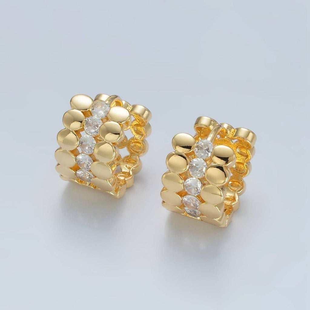 24K Gold Filled 15mm Triple Flat Round CZ Huggie Earrings | AD755