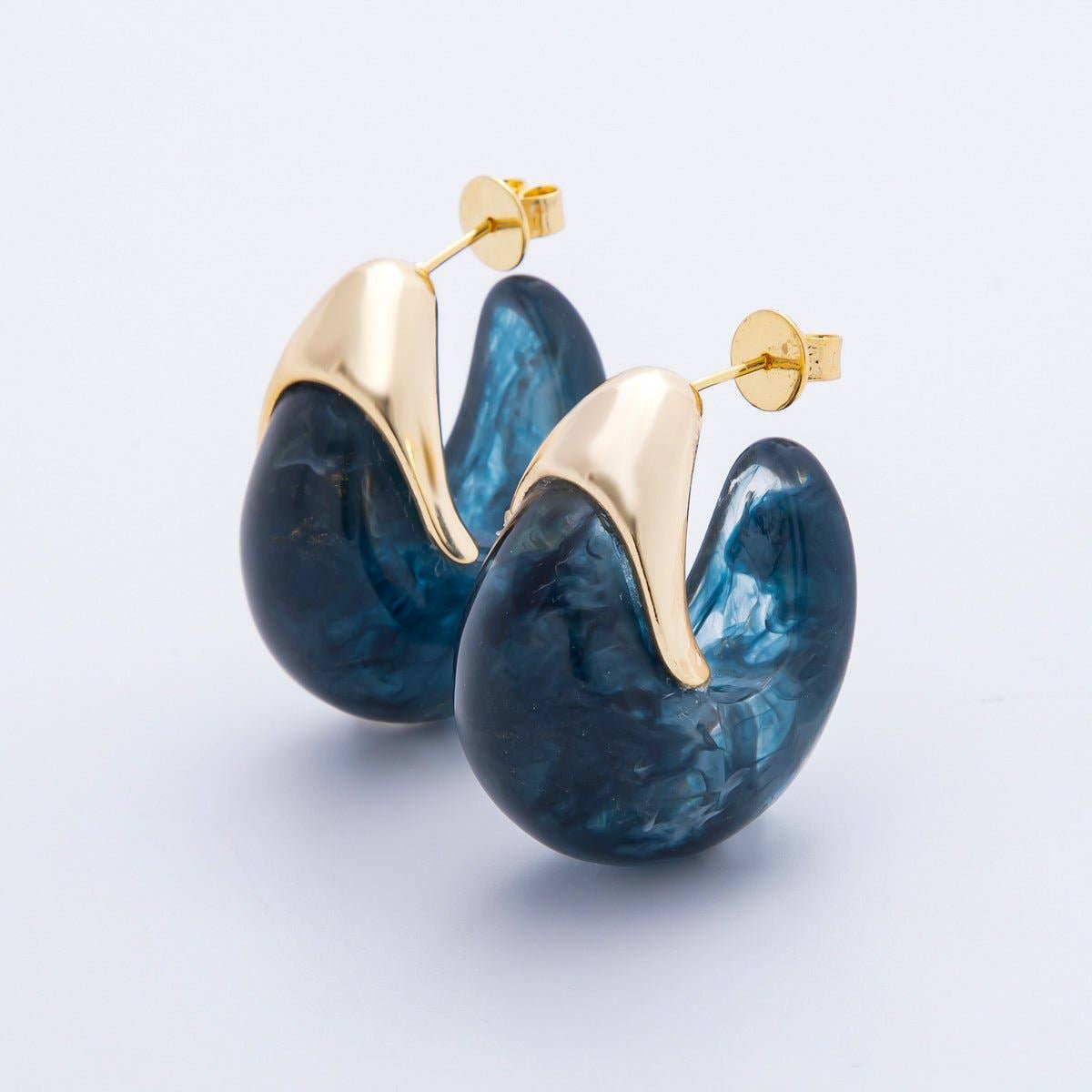 18K Gold Filled 35mm Blue, White, Brown Resin J-Shaped Hoop Earrings | AJ249 - AJ252