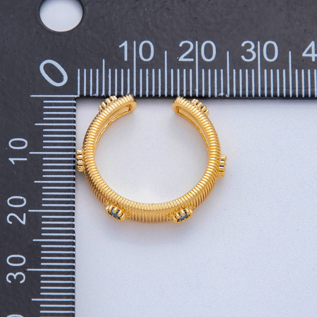 18K Gold Filled Blue CZ Lined Ribbed Ring | O2029