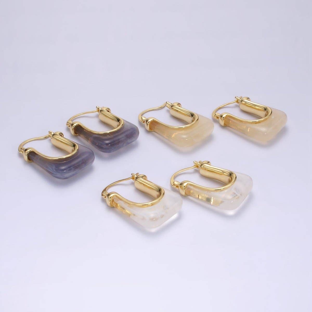 14K Gold Filled 30mm Clear, Grey, Cream, Mint, Brown, Green Resin U-Shaped Rectangular Latch Hoop Earrings | AE159 AE160 AE176 AE367 AE368 AE373