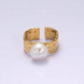 14K Gold Filled White Pearl Hammered Wide Band Ring in Gold & Silver | O1096 O1097