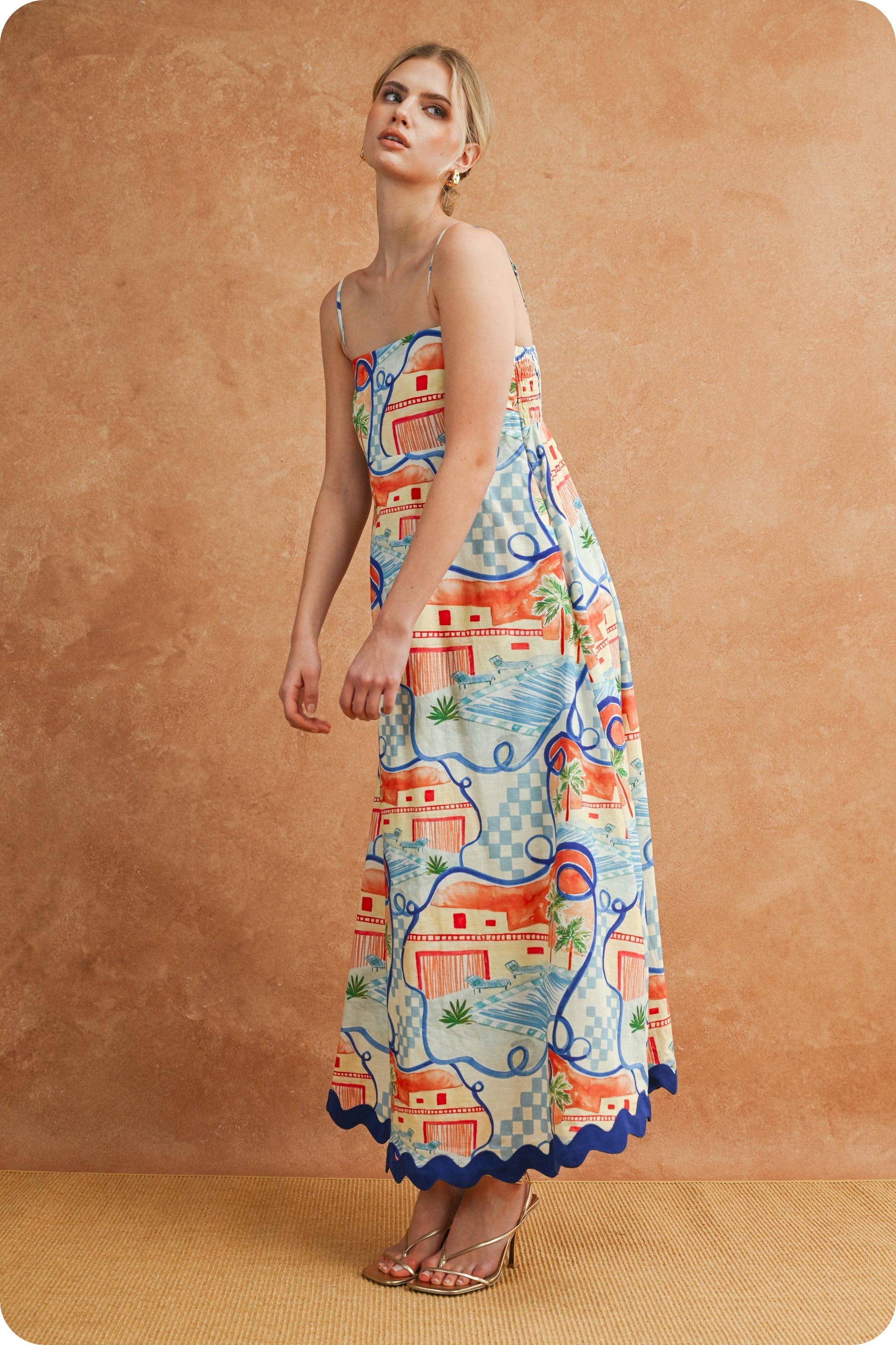Riviera Dream Scalloped Sleeveless Midi Dress