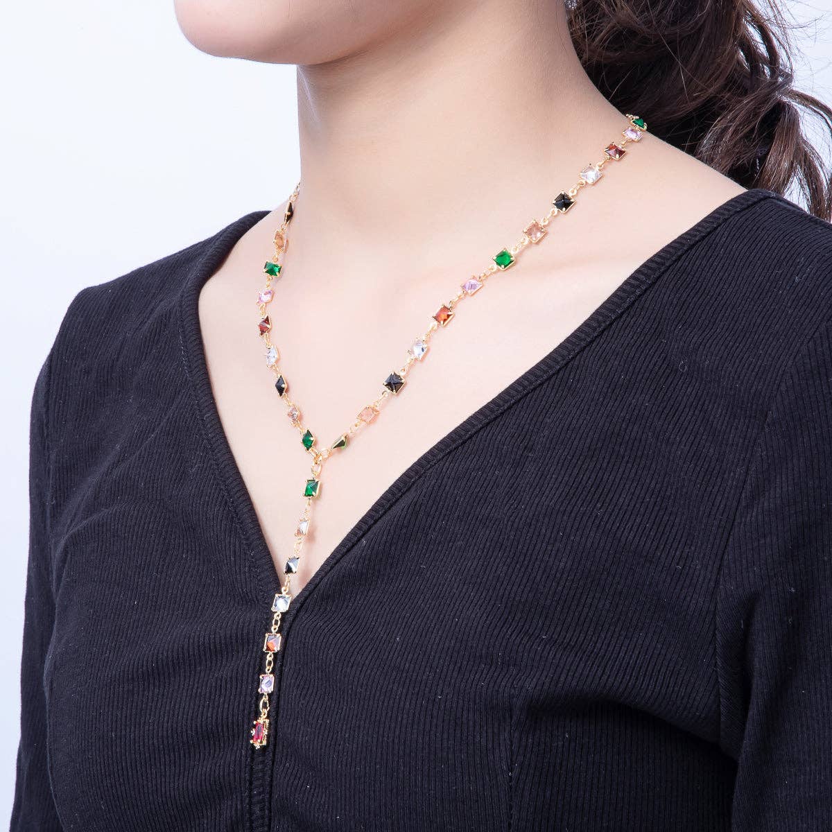 18K Gold Filled 5.7mm Multicolor Square CZ Gemstone Lariat 18 Inch Necklace w. Extender | WA-3940