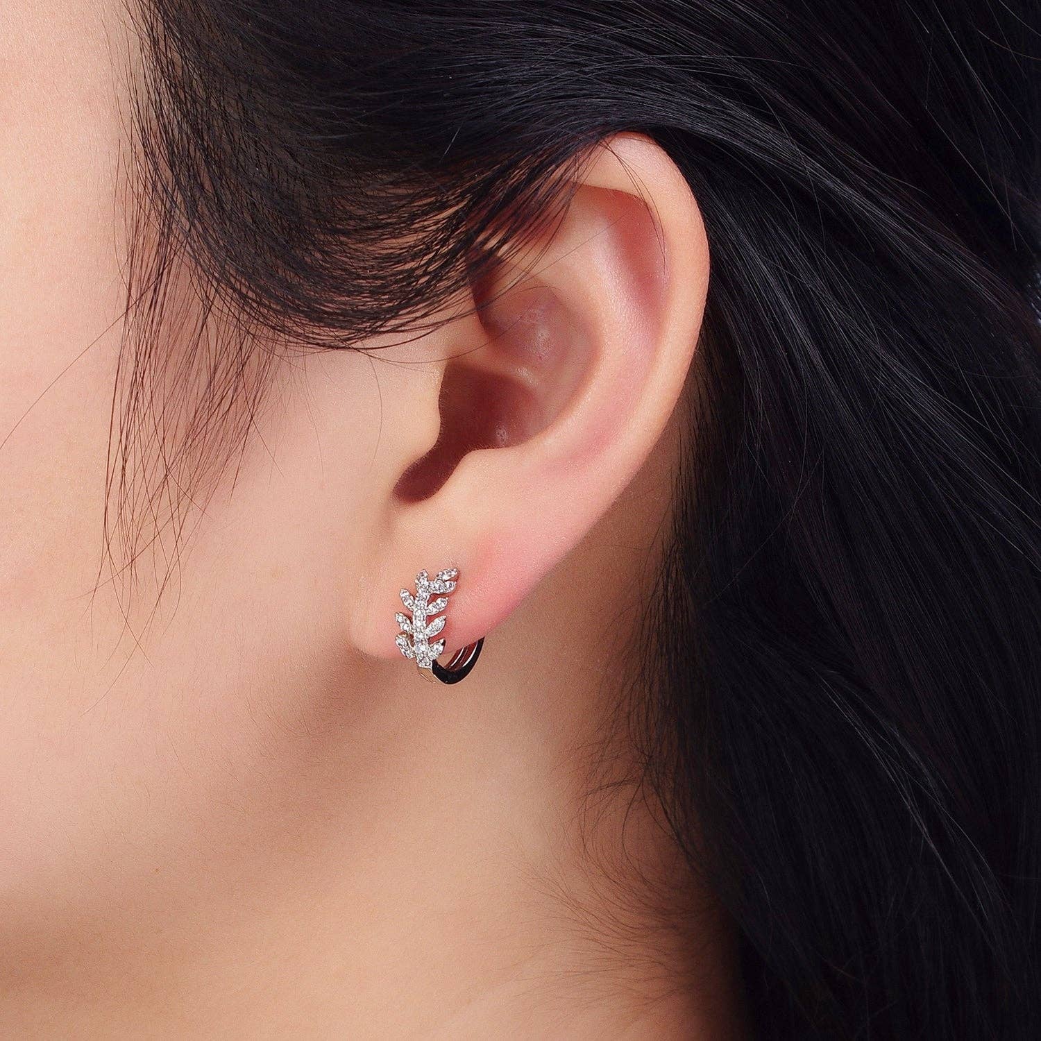 Dainty White Gold Filled CZ Leaf, Olive Leaf Huggies Earring