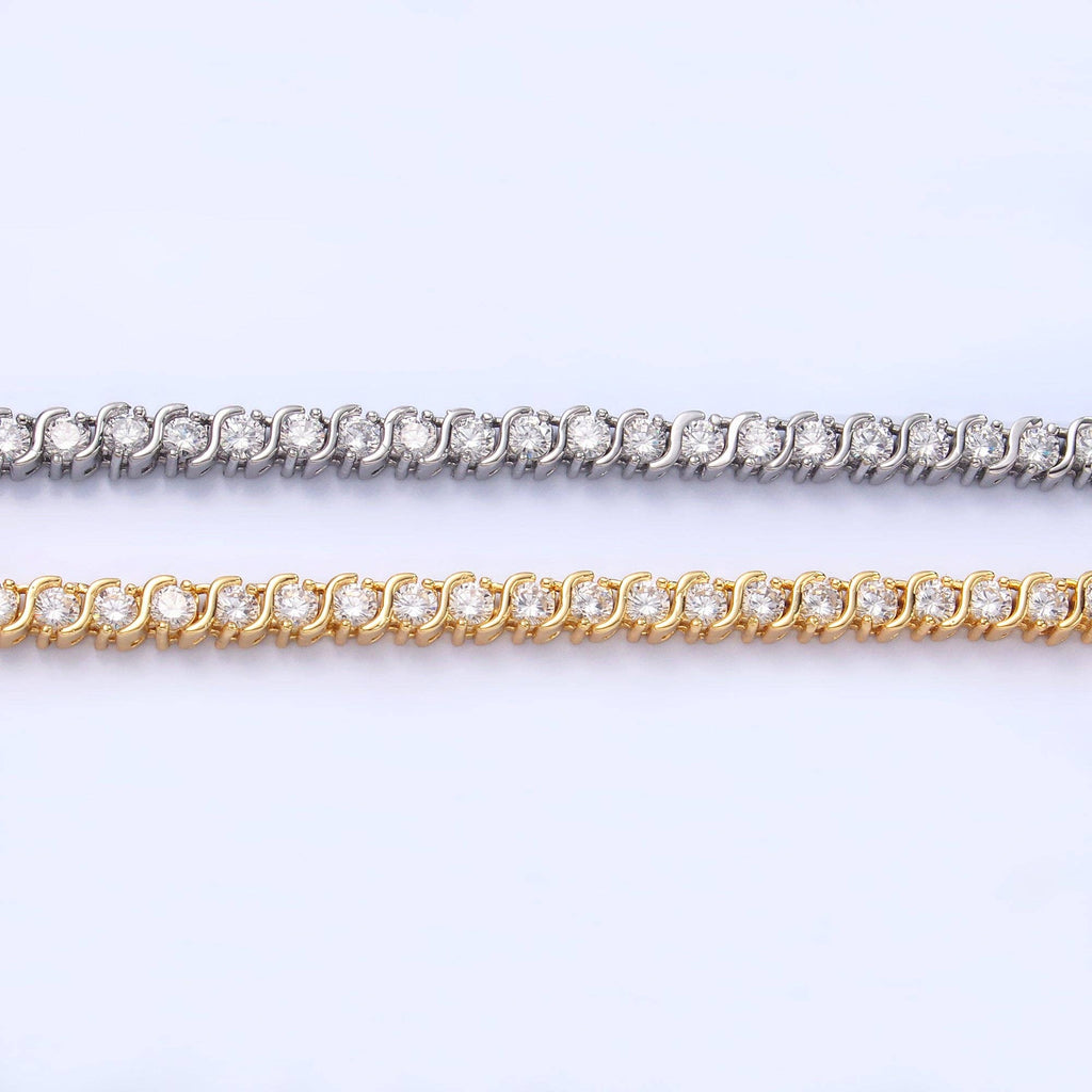 24K Gold Filled Curved S-Link Tennis Chain Bracelet in Gold & Silver | WA-3036 WA-3037