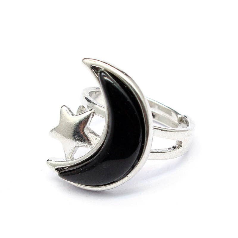 Natural Stone Moon Star Silver Tone Adjustable Ring - CS/MS