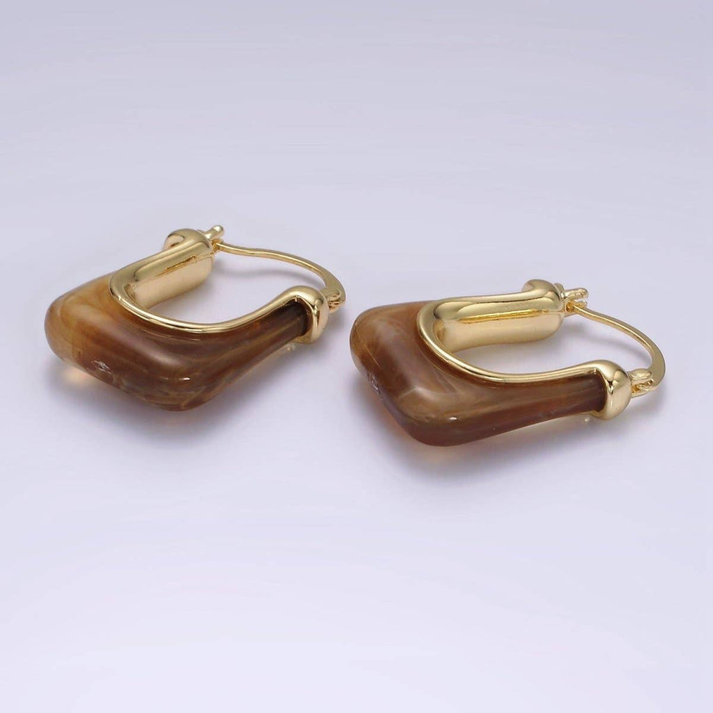 14K Gold Filled 30mm Clear, Grey, Cream, Mint, Brown, Green Resin U-Shaped Rectangular Latch Hoop Earrings | AE159 AE160 AE176 AE367 AE368 AE373