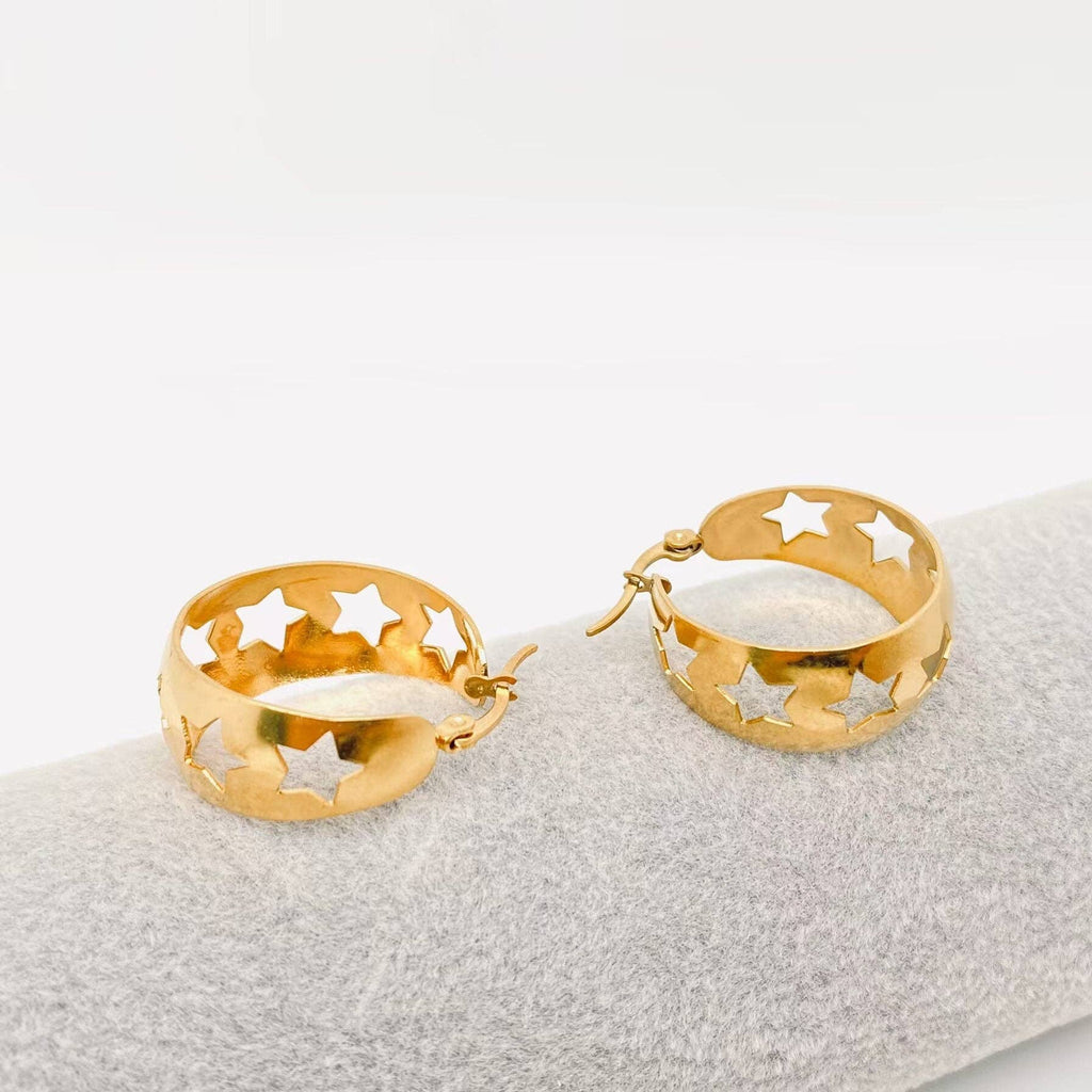 Hollow Stars Gold Plated Stainless Steel Hoop Earrings - FGS