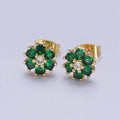 Dainty 24K Gold Filled Emerald Green & Clear Cubic Zirconia Flower Stud Earrings | AD-511