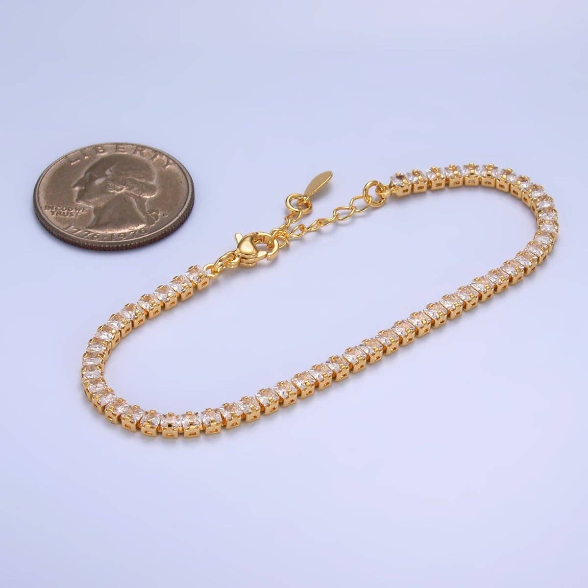 24K Gold Filled 3mm Clear CZ Baguette 7 Inch Tennis Bracelet | WA-2977