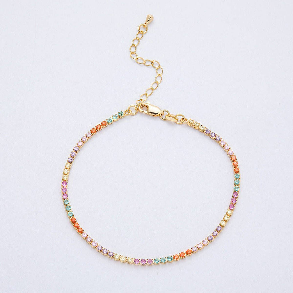 18K Gold Filled 2.5mm Multicolor CZ Tennis Chain 8 Inch Bracelet w. Extender | WA-04198