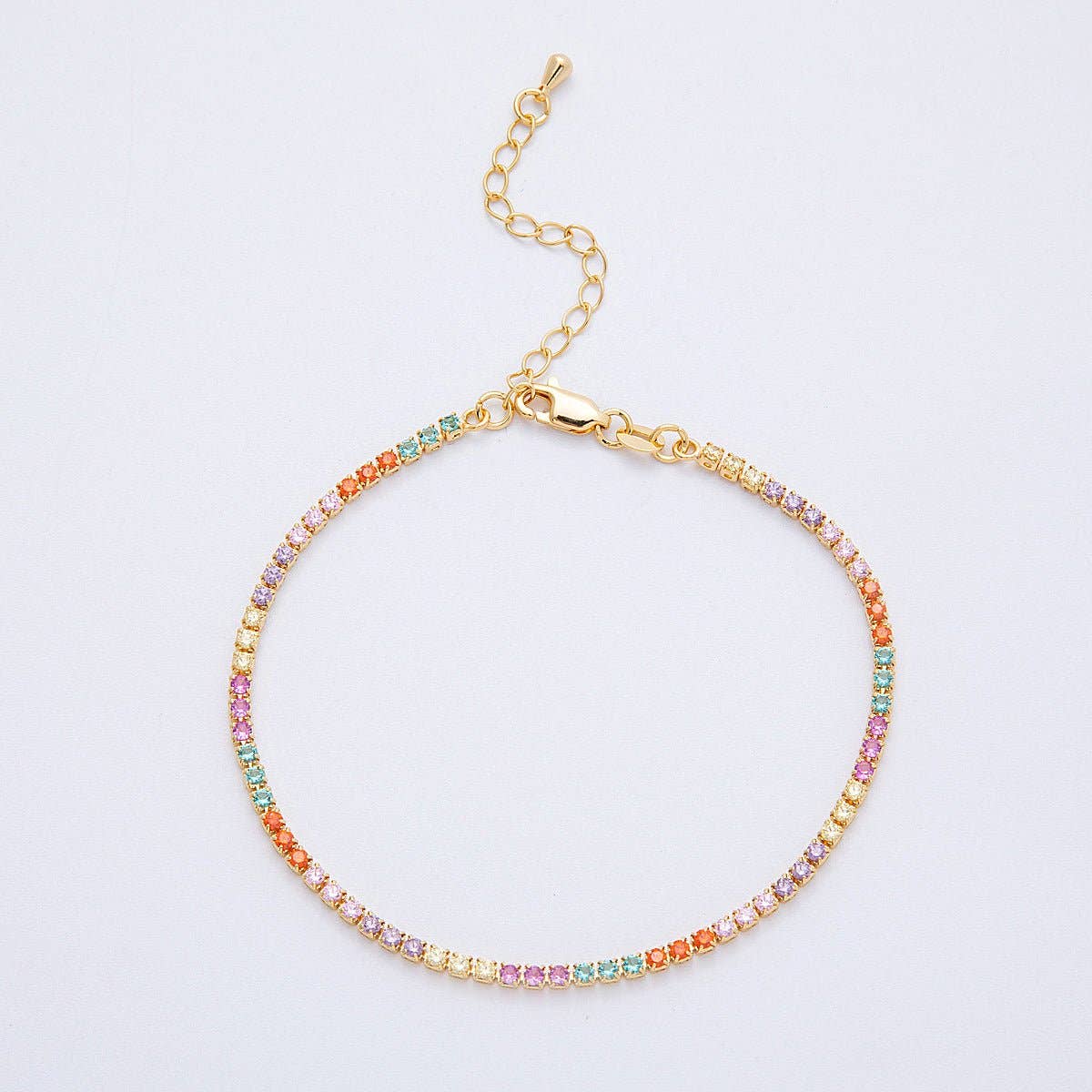 18K Gold Filled 2.5mm Multicolor CZ Tennis Chain 8 Inch Bracelet w. Extender | WA-04198