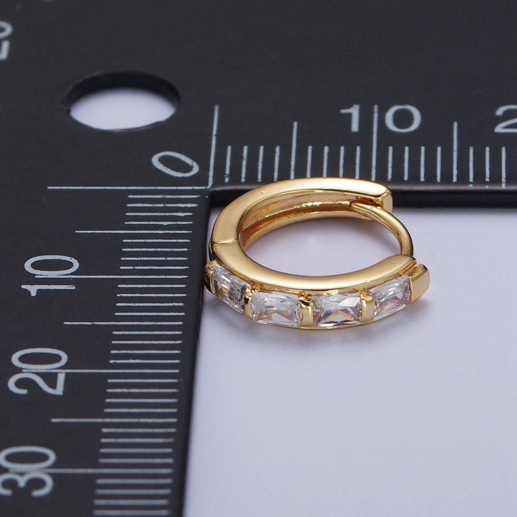 16K Gold Filled Baguette Cubic Zirconia Lined 13x14mm Huggie Hoops Earrings | AD-495