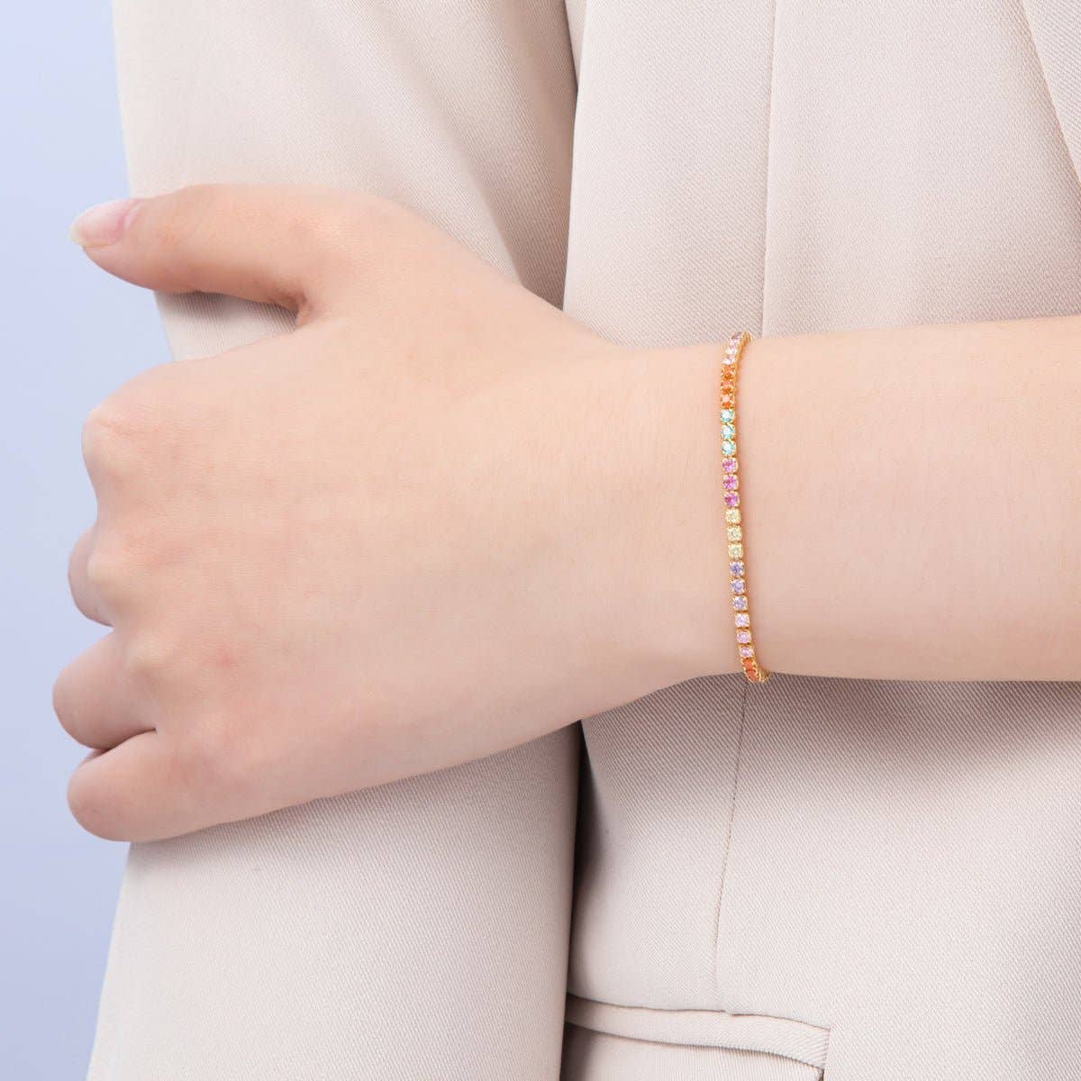 18K Gold Filled 2.5mm Multicolor CZ Tennis Chain 8 Inch Bracelet w. Extender | WA-04198