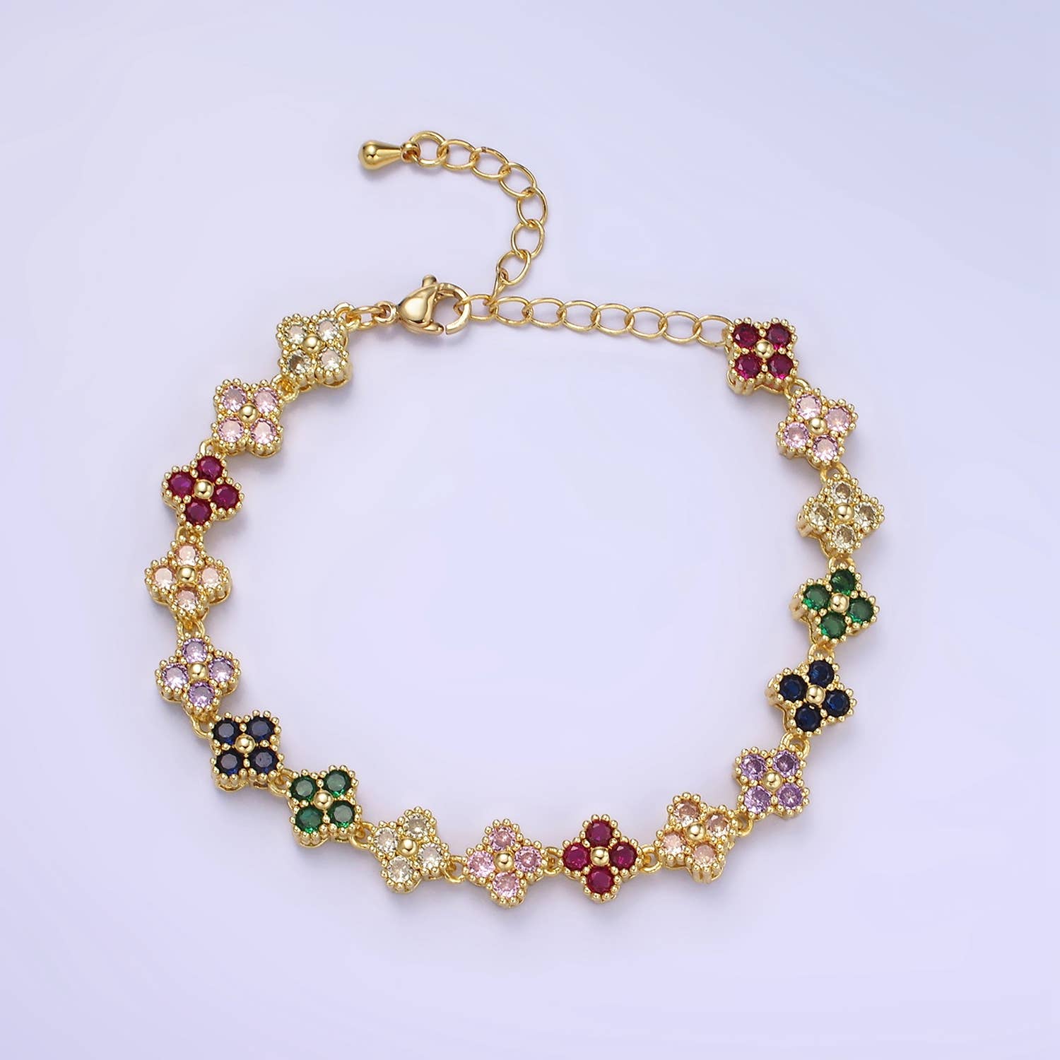14K Gold Filled CZ Multicolor Flower 6 Inch Bracelet