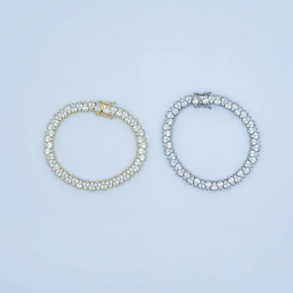 24K Gold Filled Clear CZ Double Teardrop Tennis Chain Bracelet in Gold & Silver | WA-3140 WA-3141