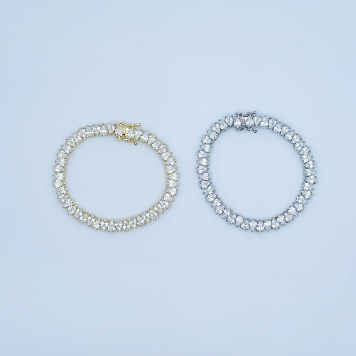 24K Gold Filled Clear CZ Double Teardrop Tennis Chain Bracelet in Gold & Silver | WA-3140 WA-3141